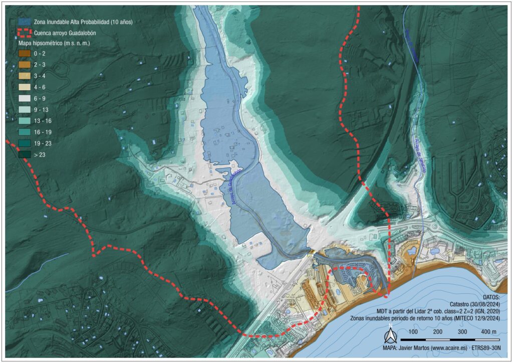 Mapa hipsométrico del cauce bajo del río Guadalobón, Estepona (Autor: Javier Martos)