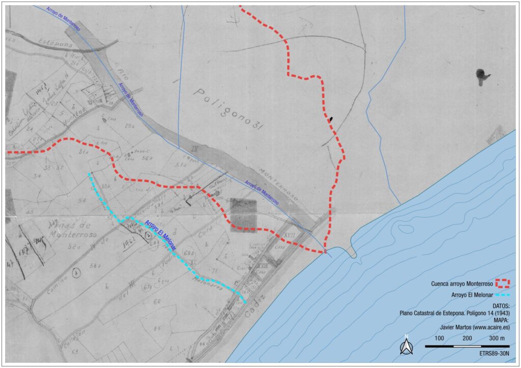 Mapa catastral de Estepona de 1943, con el arroyo El Melonar señalizado (Autor: Javier Martos)