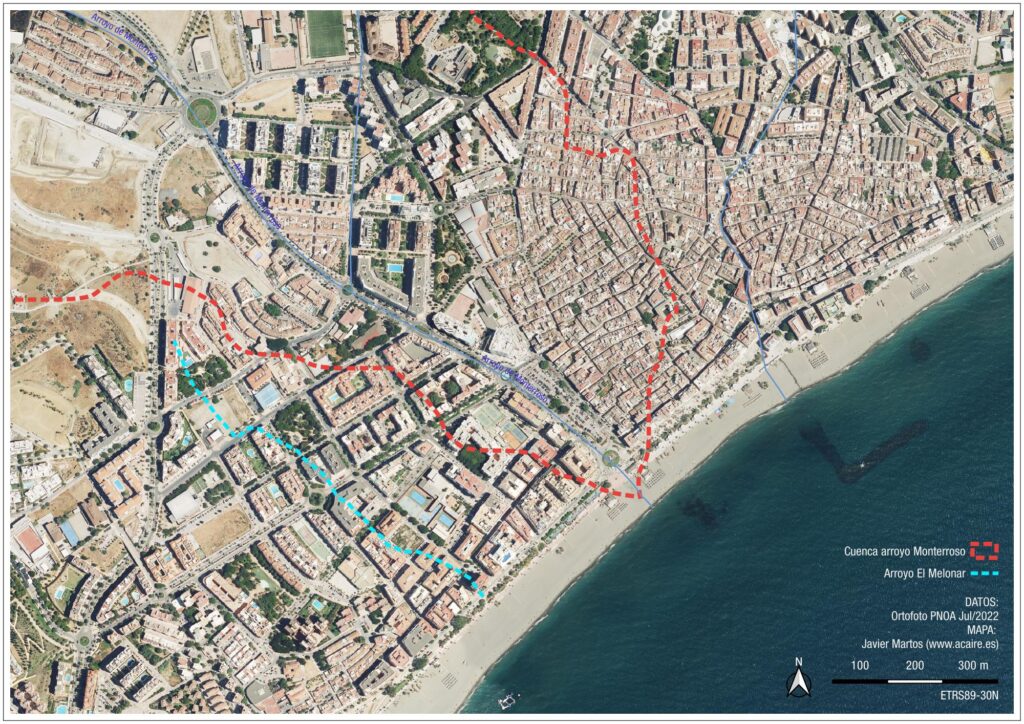 Ortofoto de Estepona de máxima actualidad, con el arroyo El Melonar señalizado (Autor: Javier Martos)